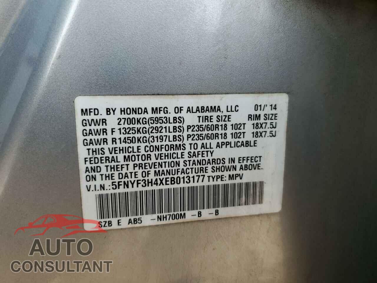 HONDA PILOT 2014 - 5FNYF3H4XEB013177