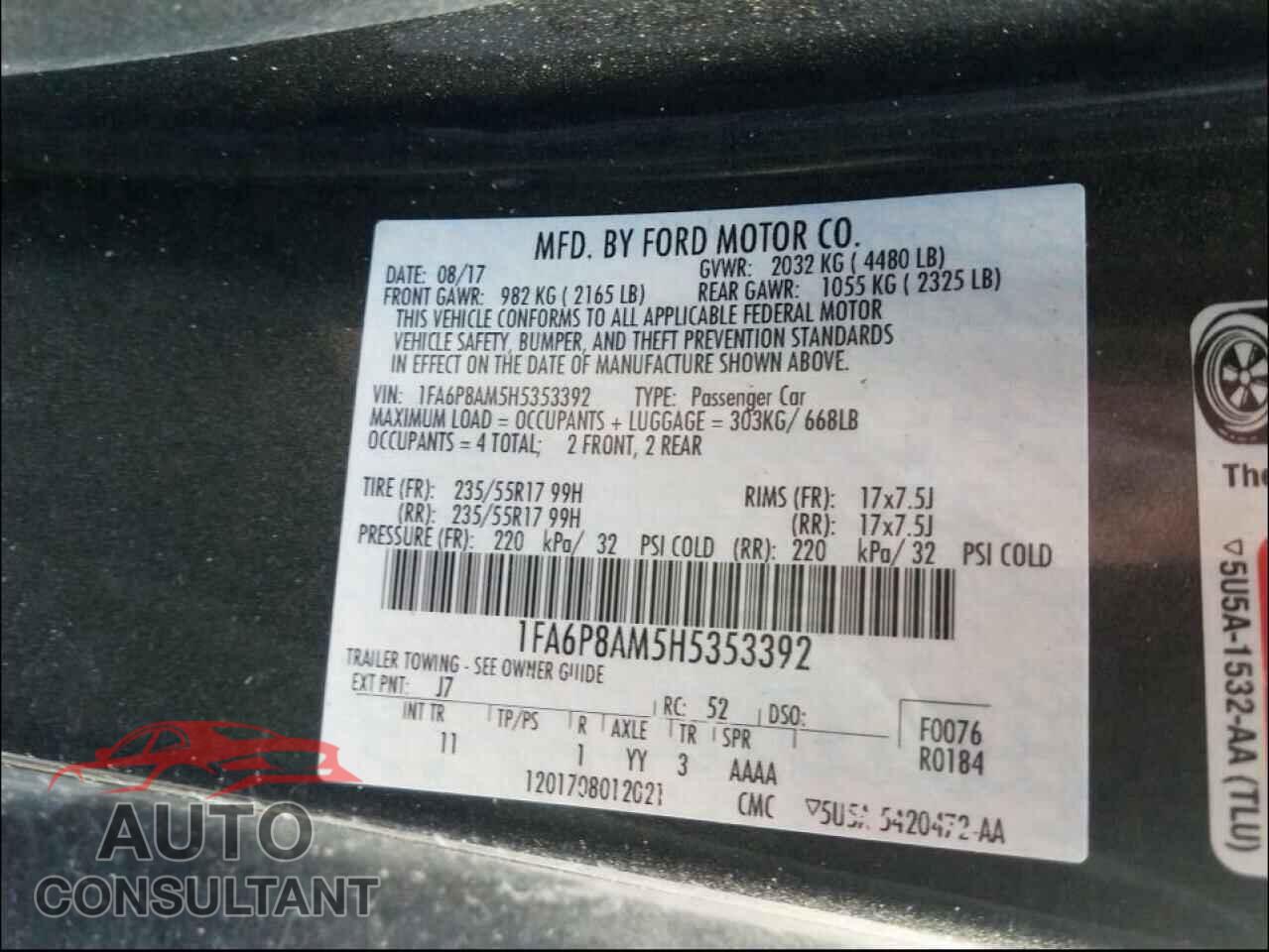 FORD MUSTANG 2017 - 1FA6P8AM5H5353392