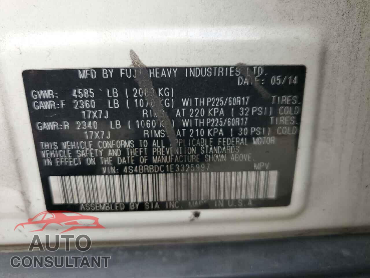 SUBARU OUTBACK 2014 - 4S4BRBDC1E3325997