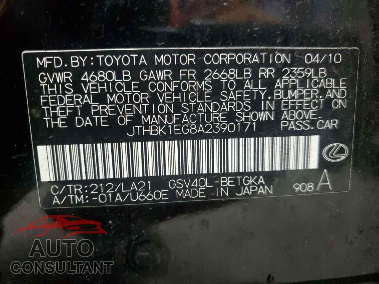 LEXUS ES350 2010 - JTHBK1EG8A2390171