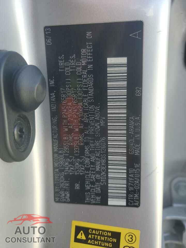 TOYOTA HIGHLANDER 2013 - 5TDZK3EH8DS126076