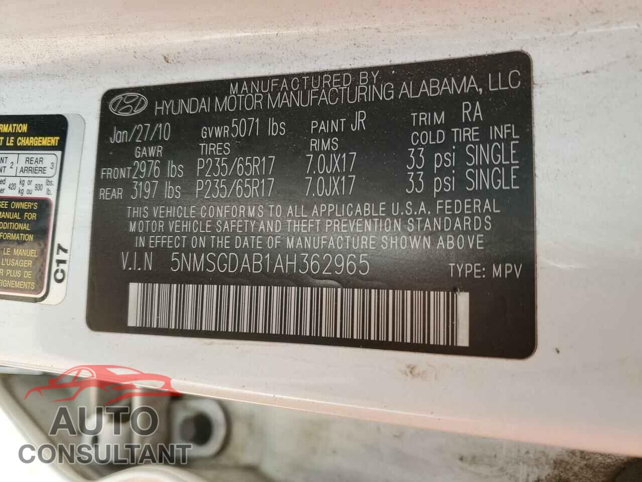 HYUNDAI SANTA FE 2010 - 5NMSGDAB1AH362965