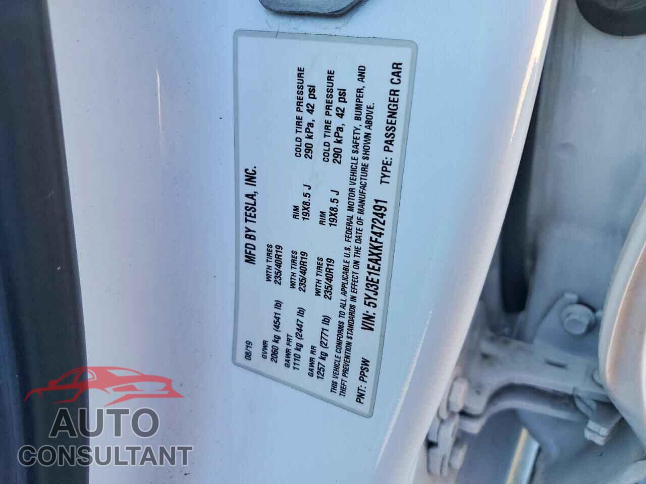 TESLA MODEL 3 2019 - 5YJ3E1EAXKF472491
