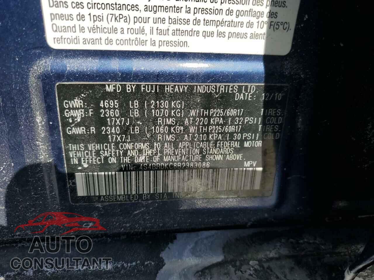 SUBARU OUTBACK 2011 - 4S4BRDKC8B2383086