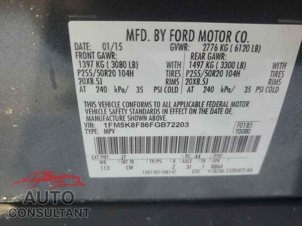 FORD EXPLORER 2015 - 1FM5K8F86FGB72203