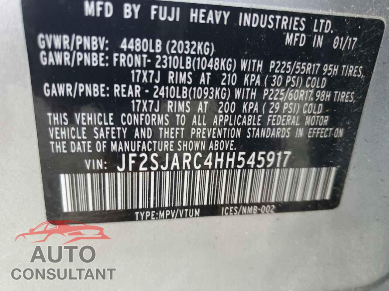 SUBARU FORESTER 2017 - JF2SJARC4HH545917