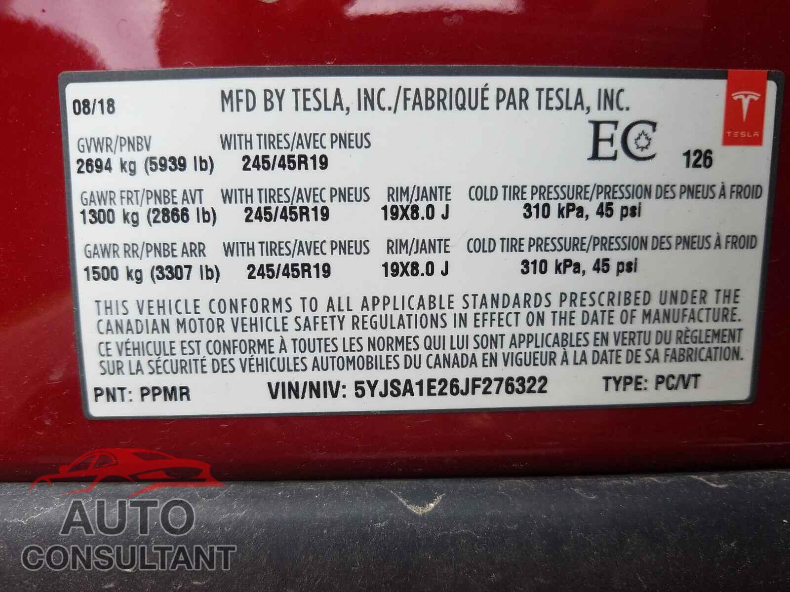 TESLA MODEL S 2018 - 5YJSA1E26JF276322