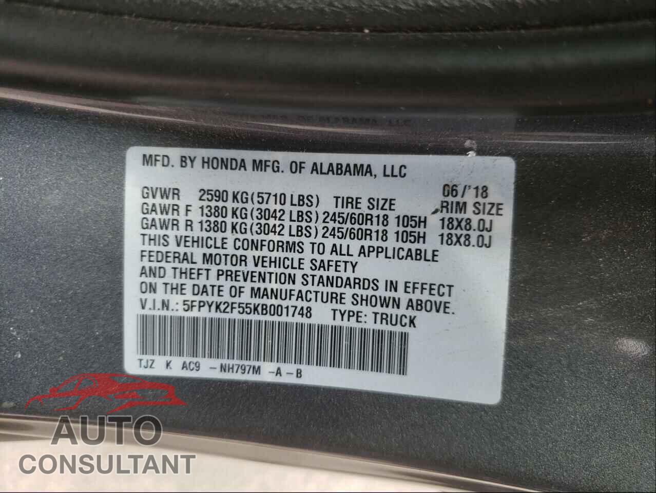 HONDA RIDGELINE 2019 - 5FPYK2F55KB001748