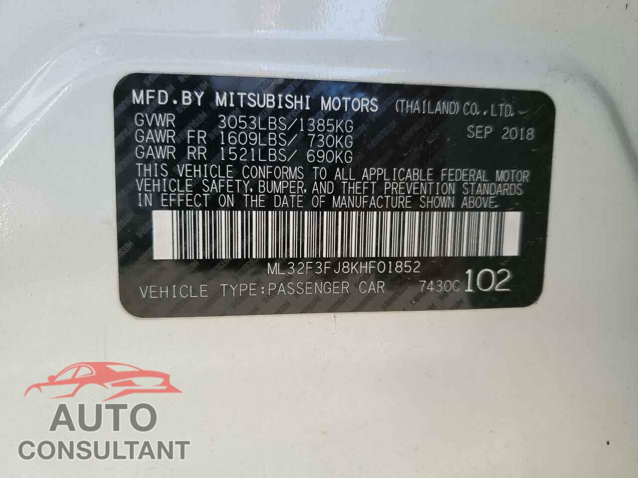 MITSUBISHI MIRAGE 2019 - ML32F3FJ8KHF01852