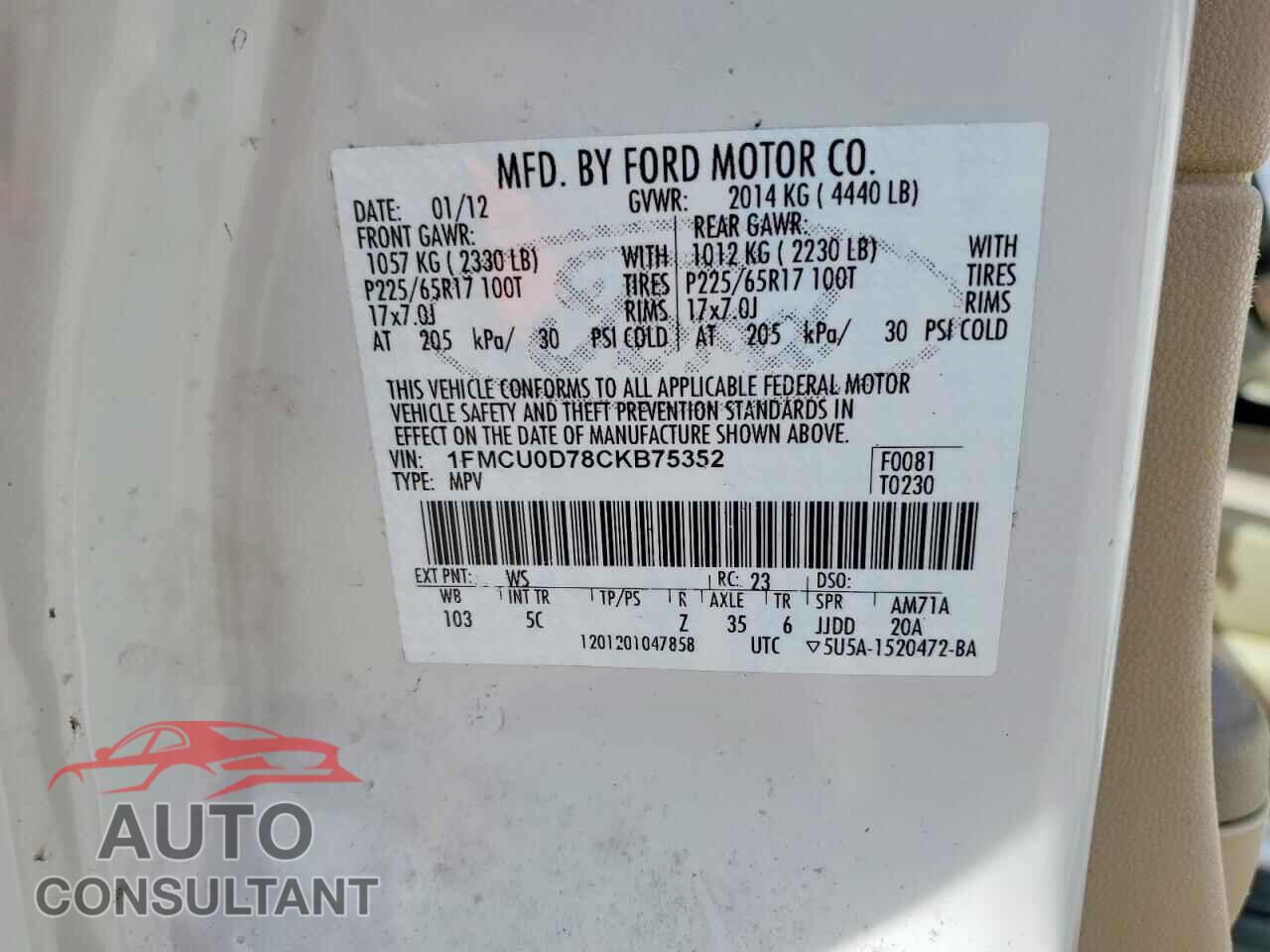 FORD ESCAPE 2012 - 1FMCU0D78CKB75352