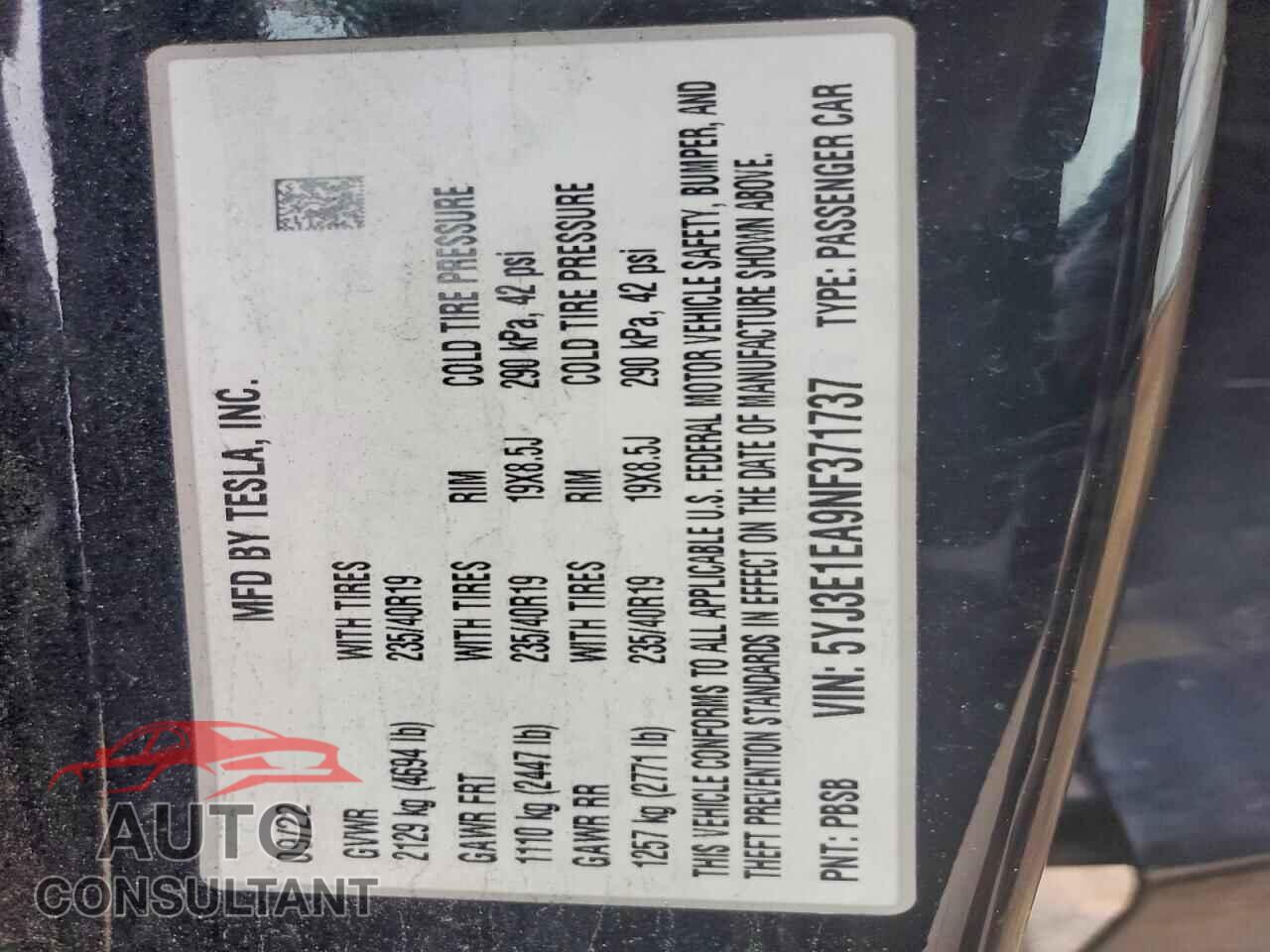 TESLA MODEL 3 2022 - 5YJ3E1EA9NF371737