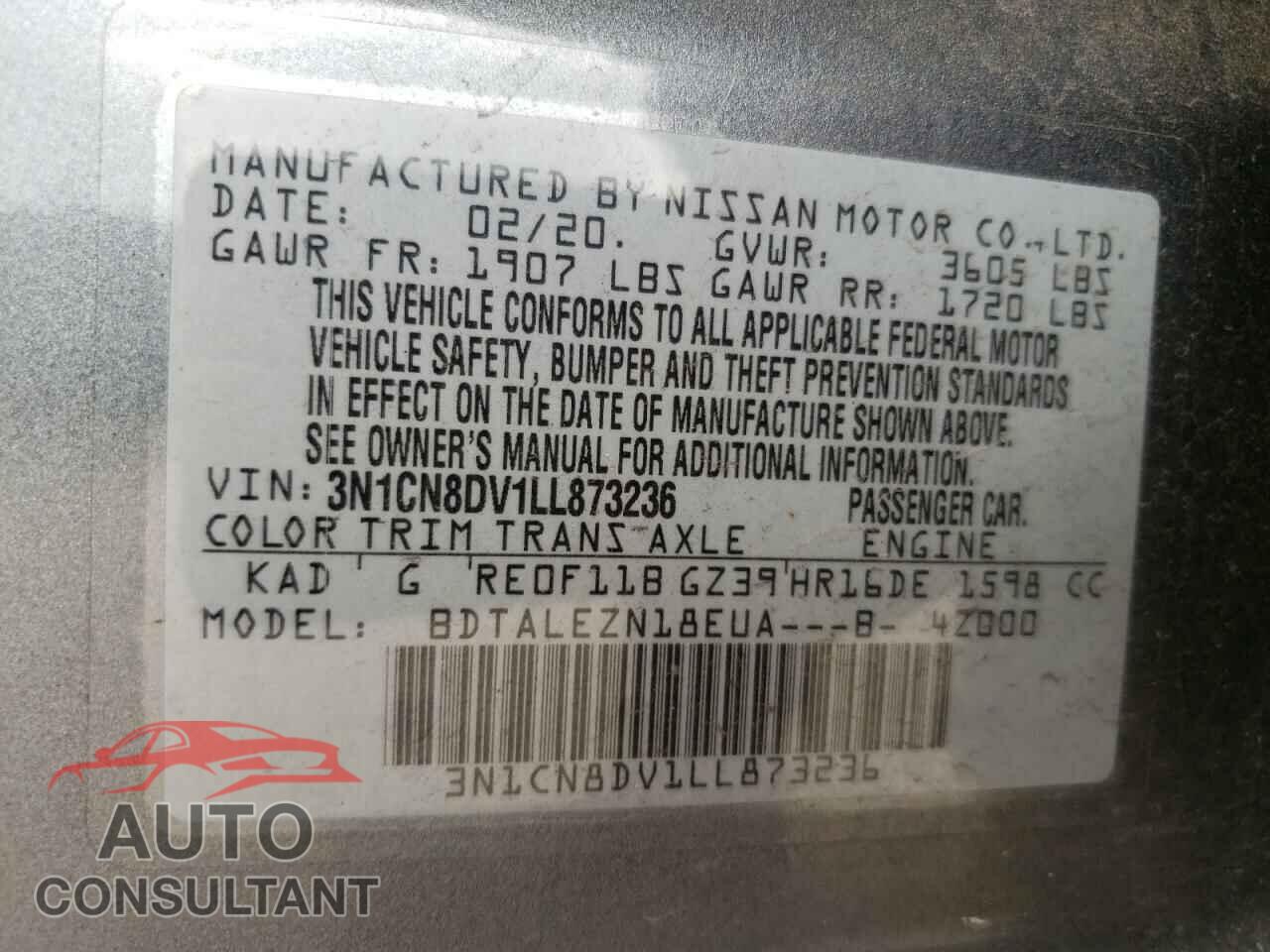 NISSAN VERSA 2020 - 3N1CN8DV1LL873236