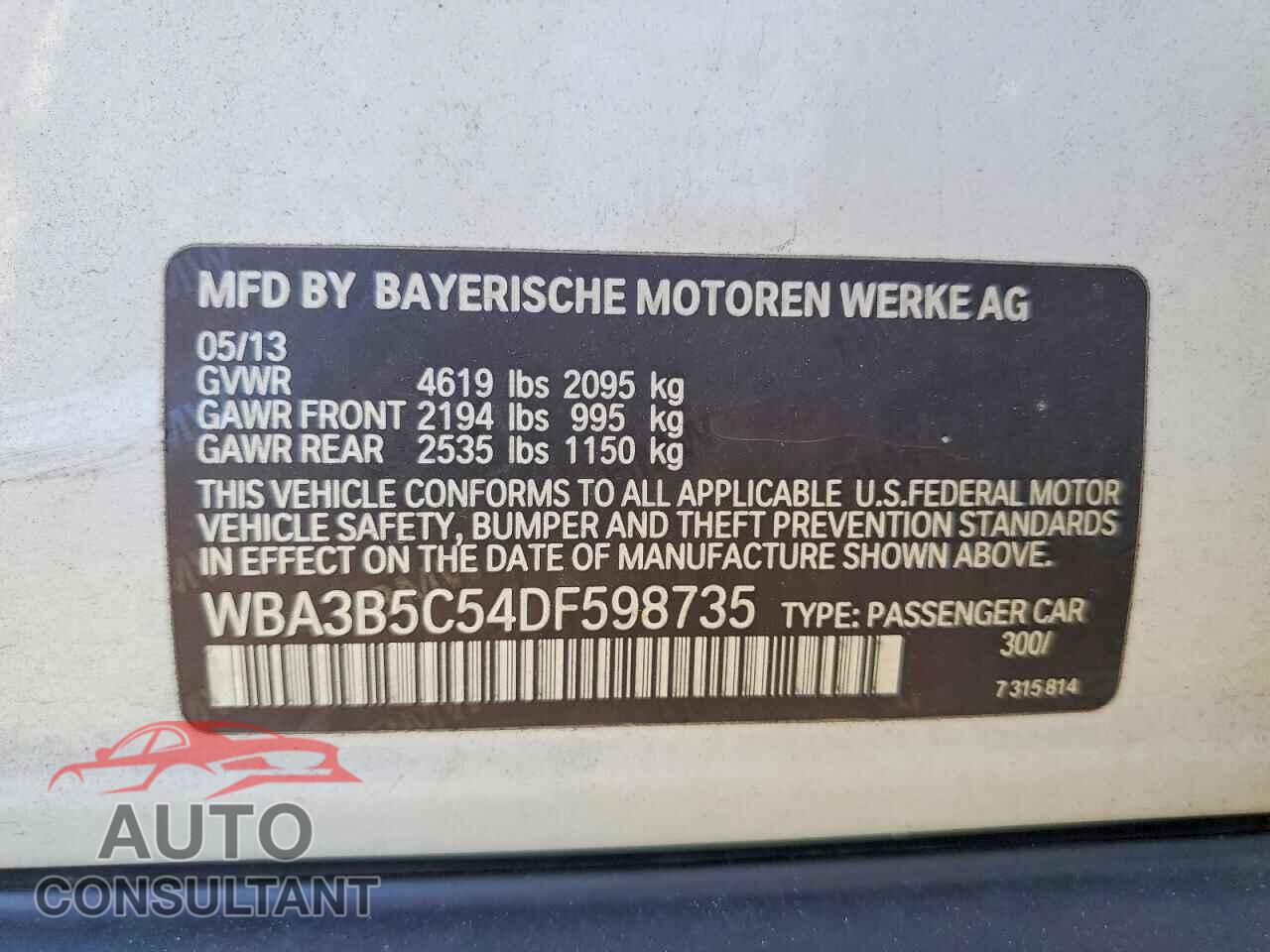 BMW 3 SERIES 2013 - WBA3B5C54DF598735