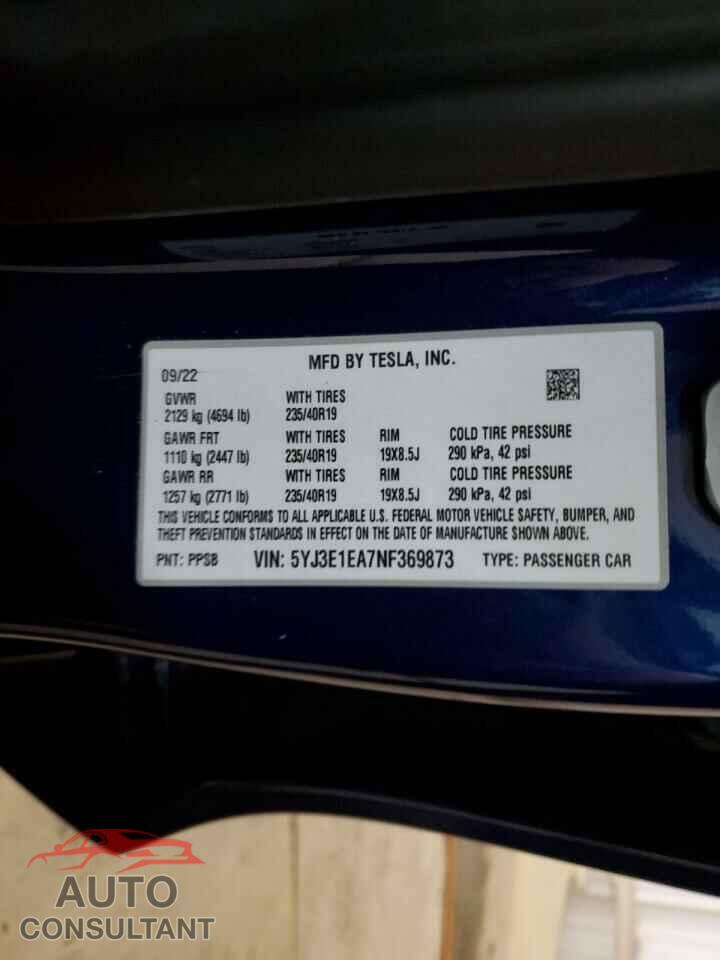 TESLA MODEL 3 2022 - 5YJ3E1EA7NF369873