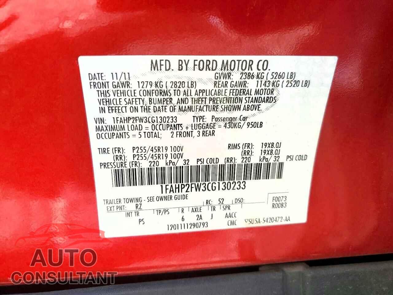 FORD TAURUS 2012 - 1FAHP2FW3CG130233