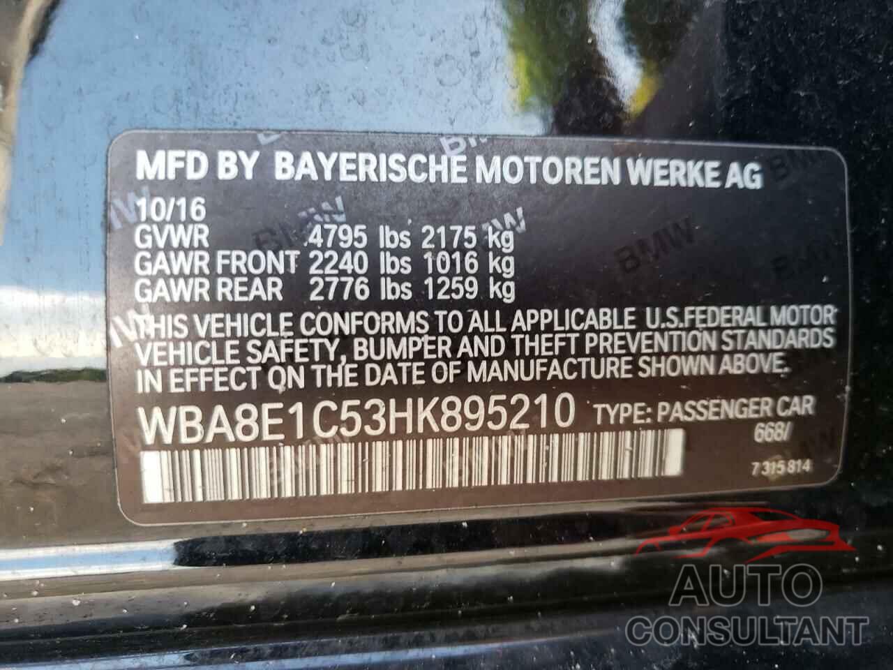 BMW 3 SERIES 2017 - WBA8E1C53HK895210