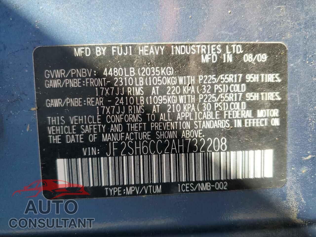 SUBARU FORESTER 2010 - JF2SH6CC2AH732208