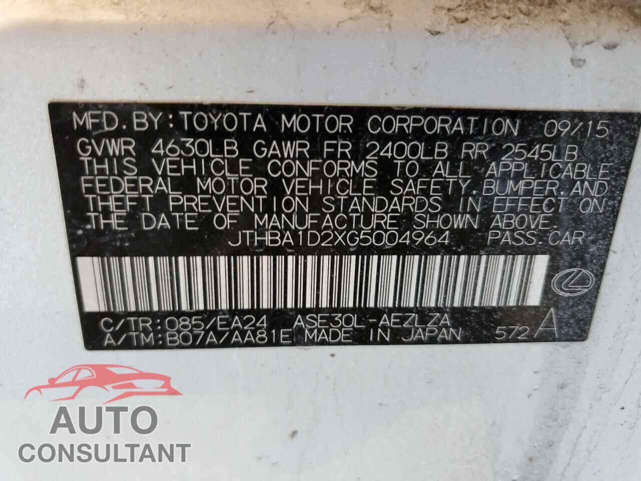 LEXUS IS 2016 - JTHBA1D2XG5004964
