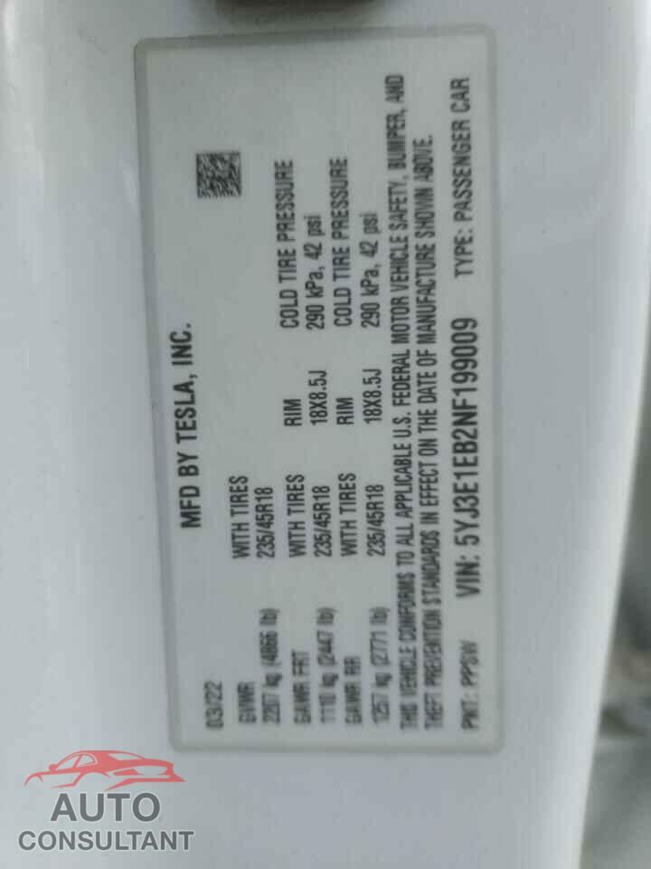 TESLA MODEL 3 2022 - 5YJ3E1EB2NF199009