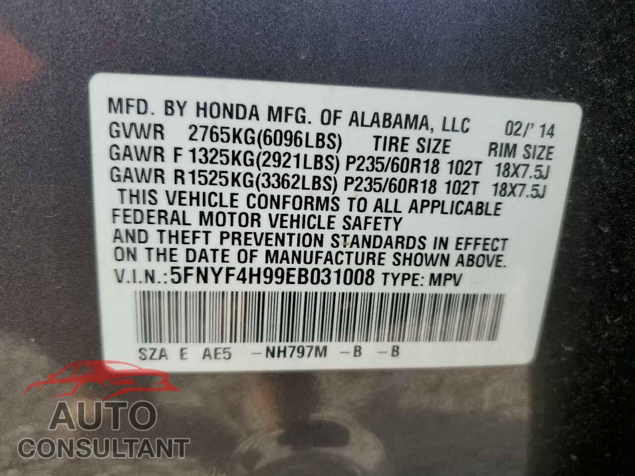 HONDA PILOT 2014 - 5FNYF4H99EB031008