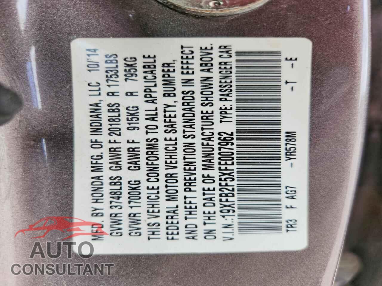HONDA CIVIC 2015 - 19XFB2F5XFE007962