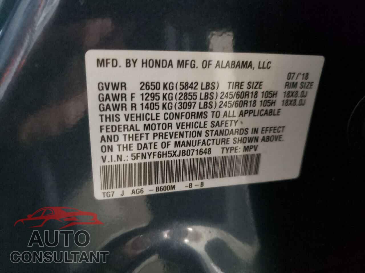 HONDA PILOT 2018 - 5FNYF6H5XJB071648