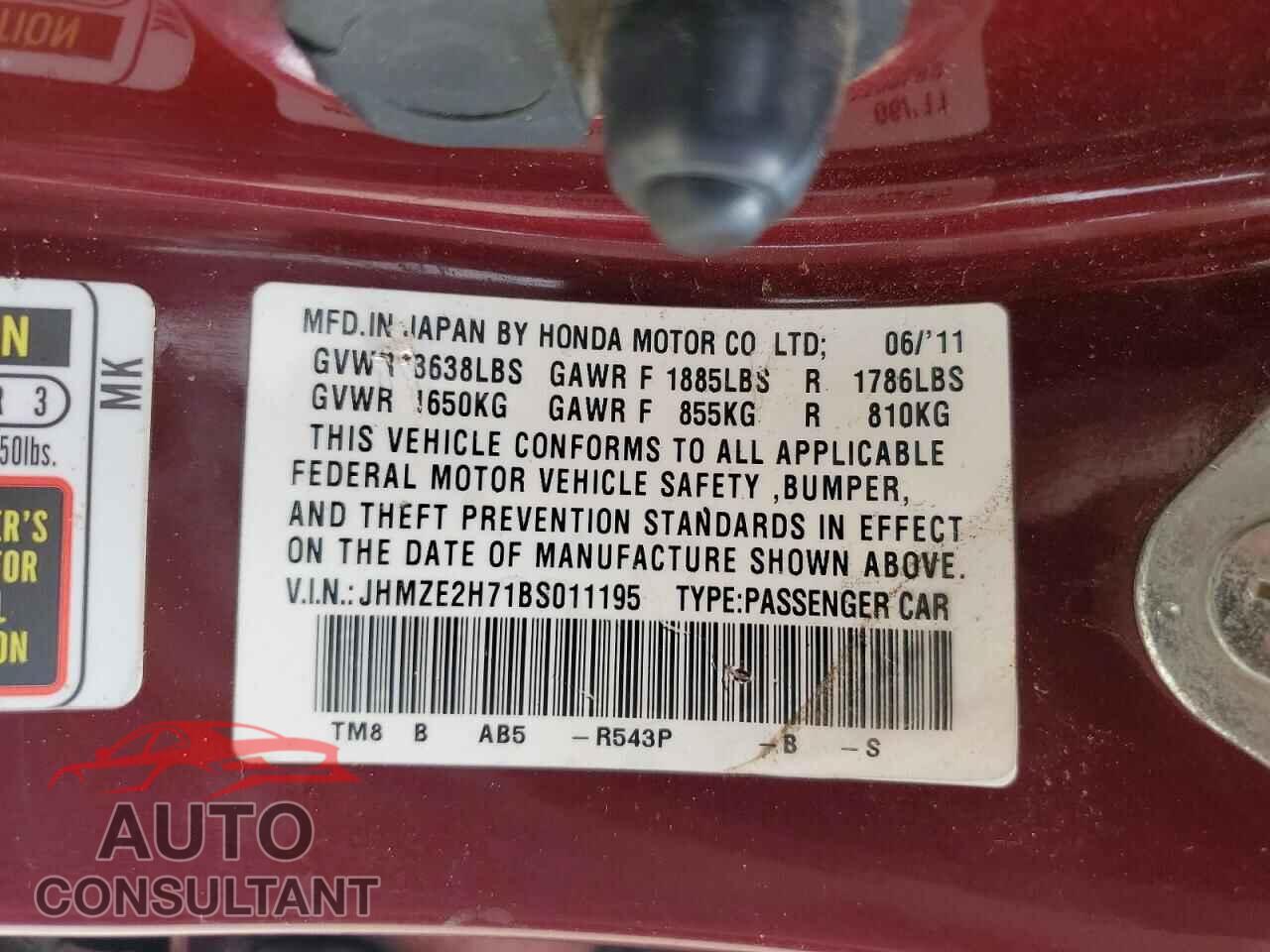 HONDA INSIGHT 2011 - JHMZE2H71BS011195