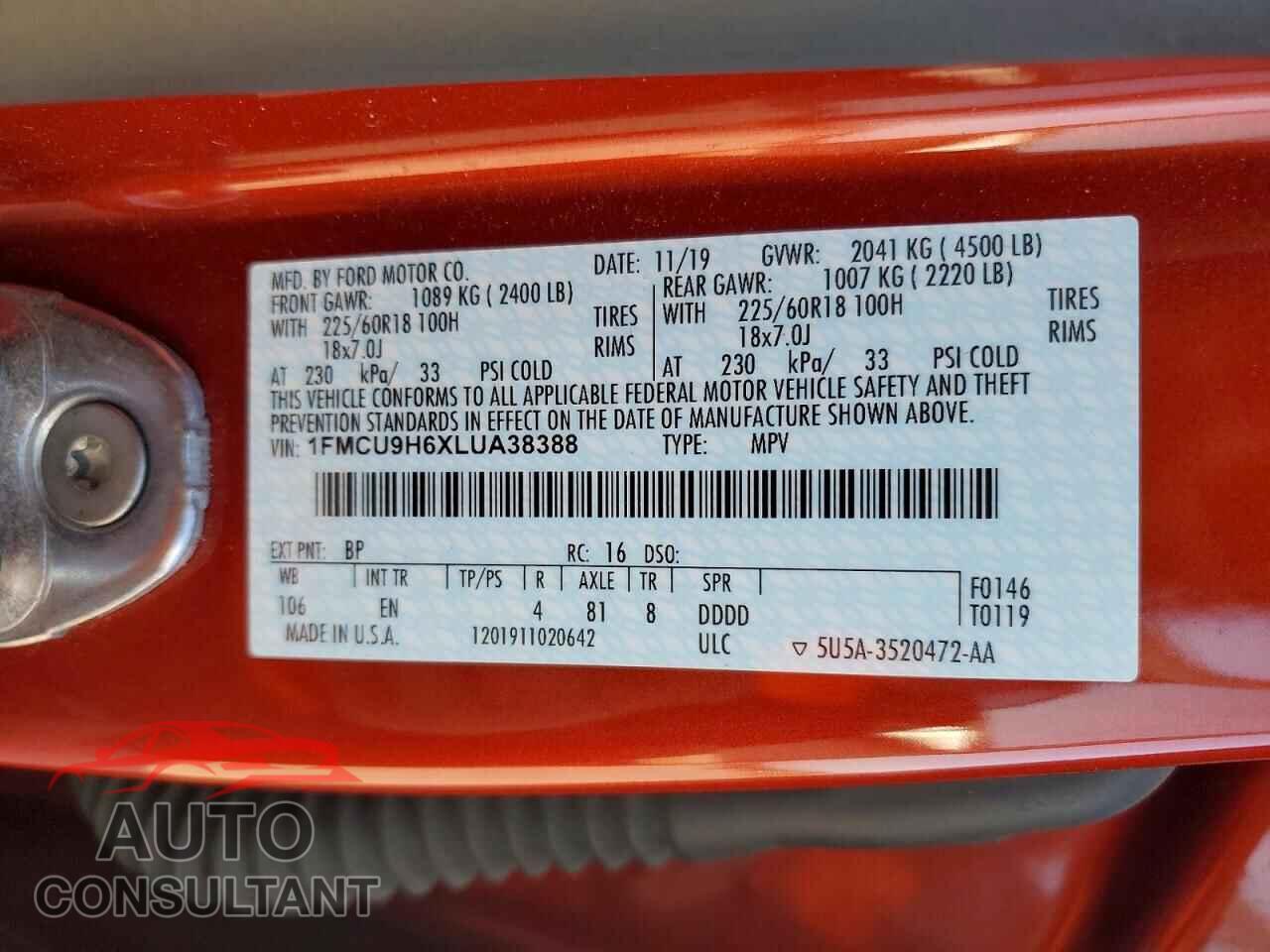 FORD ESCAPE 2020 - 1FMCU9H6XLUA38388