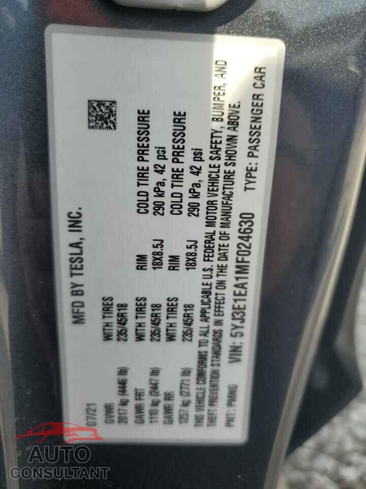 TESLA MODEL 3 2021 - 5YJ3E1EA1MF024630