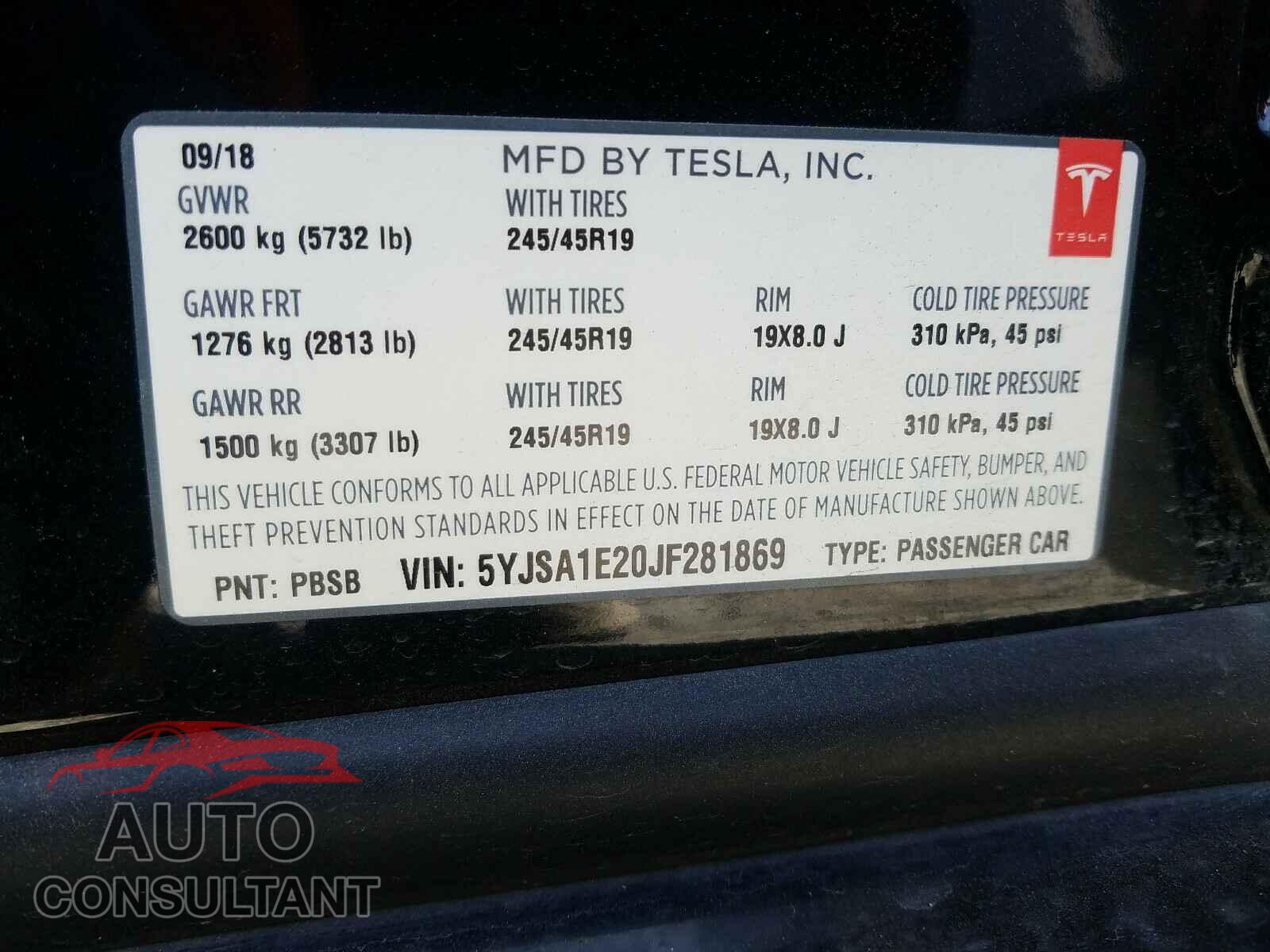 TESLA MODEL S 2018 - 5YJSA1E20JF281869