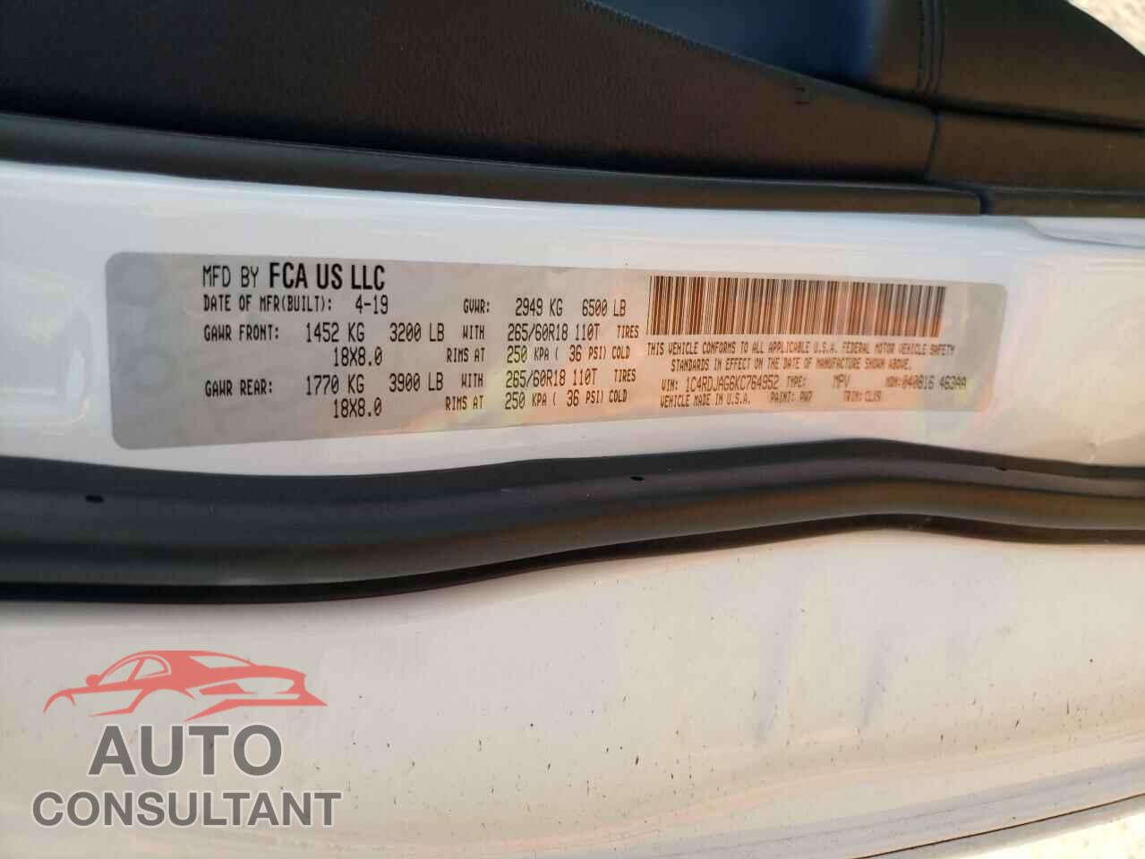 DODGE DURANGO 2019 - 1C4RDJAG6KC764952