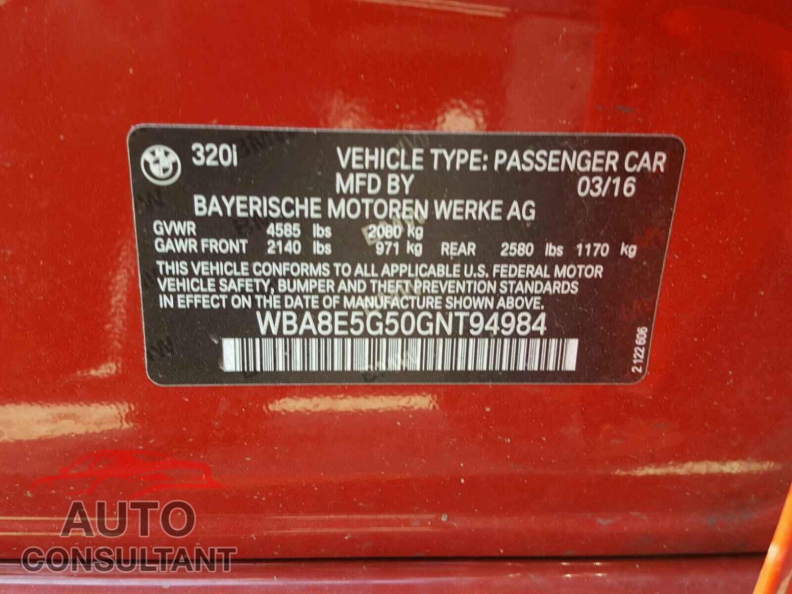 BMW 3 SERIES 2016 - WBA8E5G50GNT94984