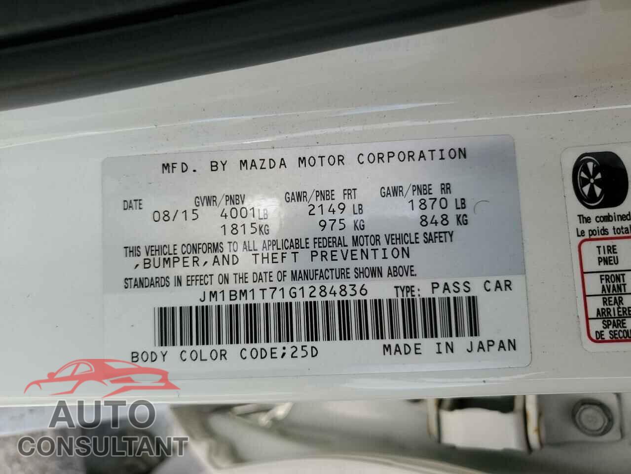 MAZDA 3 2016 - JM1BM1T71G1284836