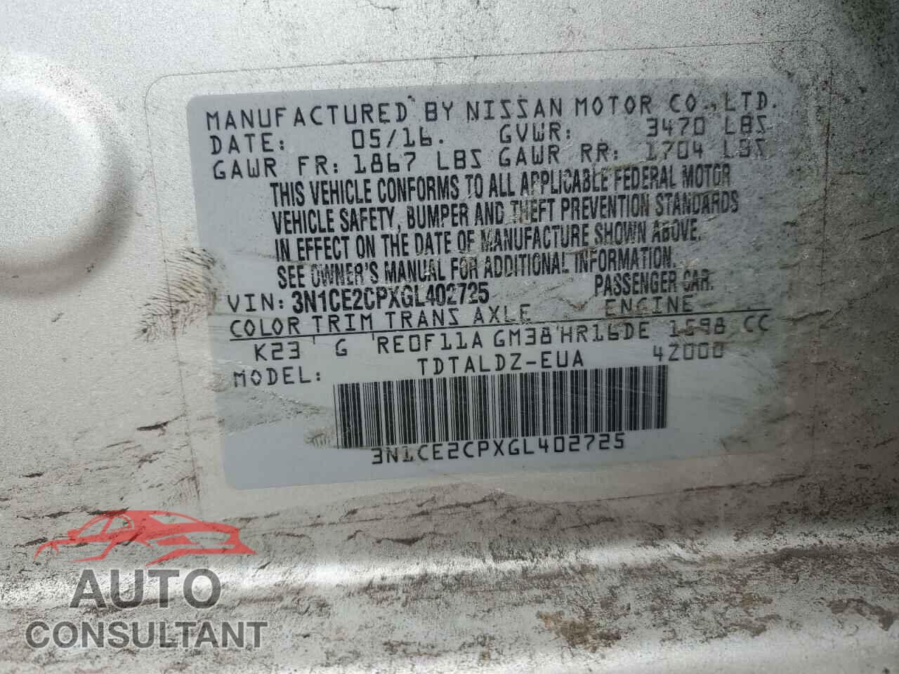 NISSAN VERSA 2016 - 3N1CE2CPXGL402725