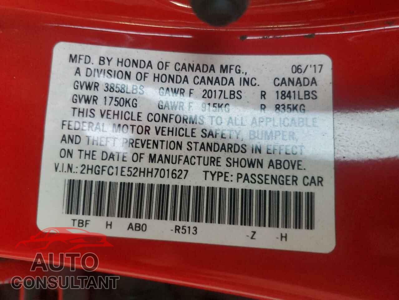 HONDA CIVIC 2017 - 2HGFC1E52HH701627