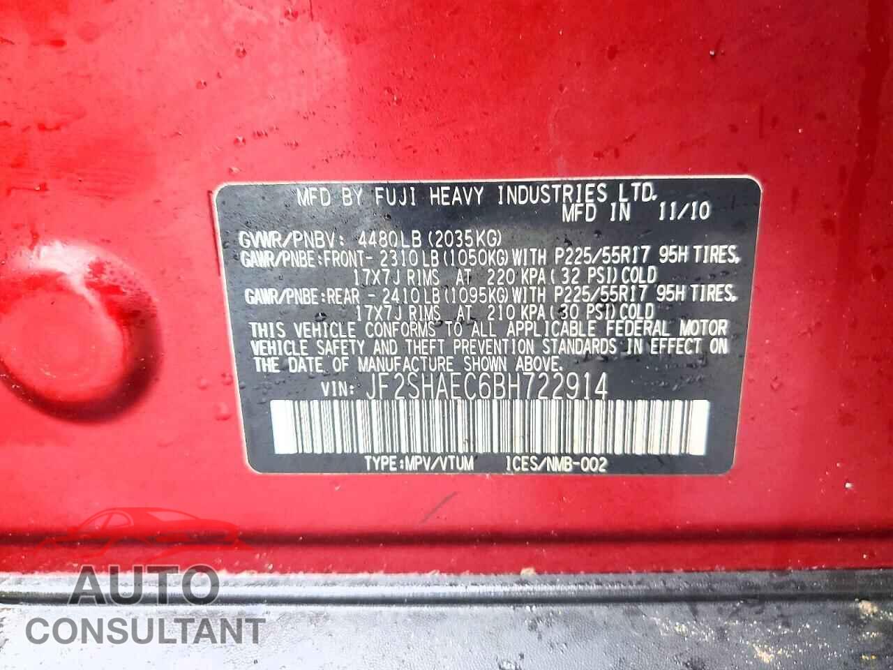 SUBARU FORESTER 2011 - JF2SHAEC6BH722914