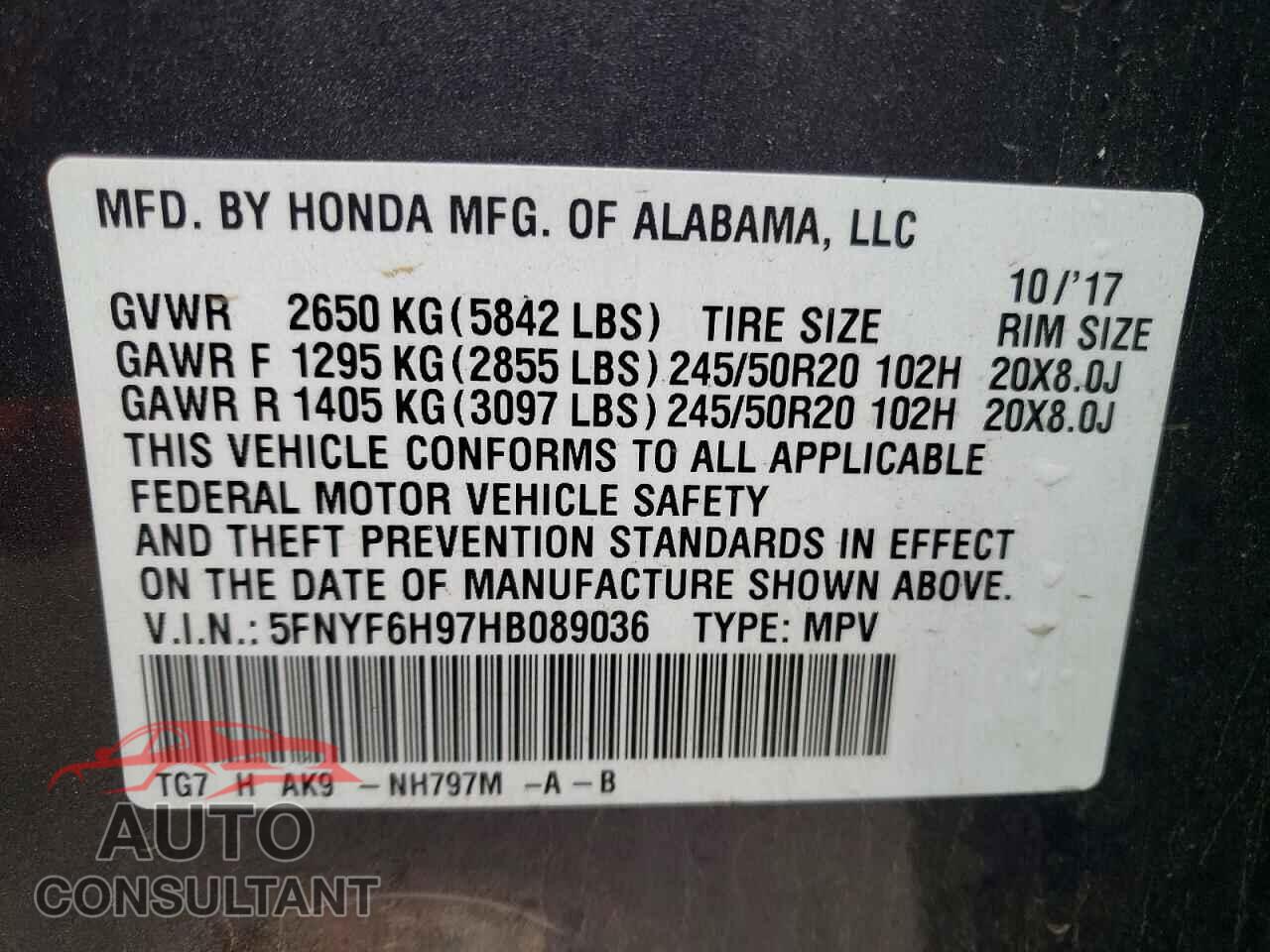 HONDA PILOT 2017 - 5FNYF6H97HB089036