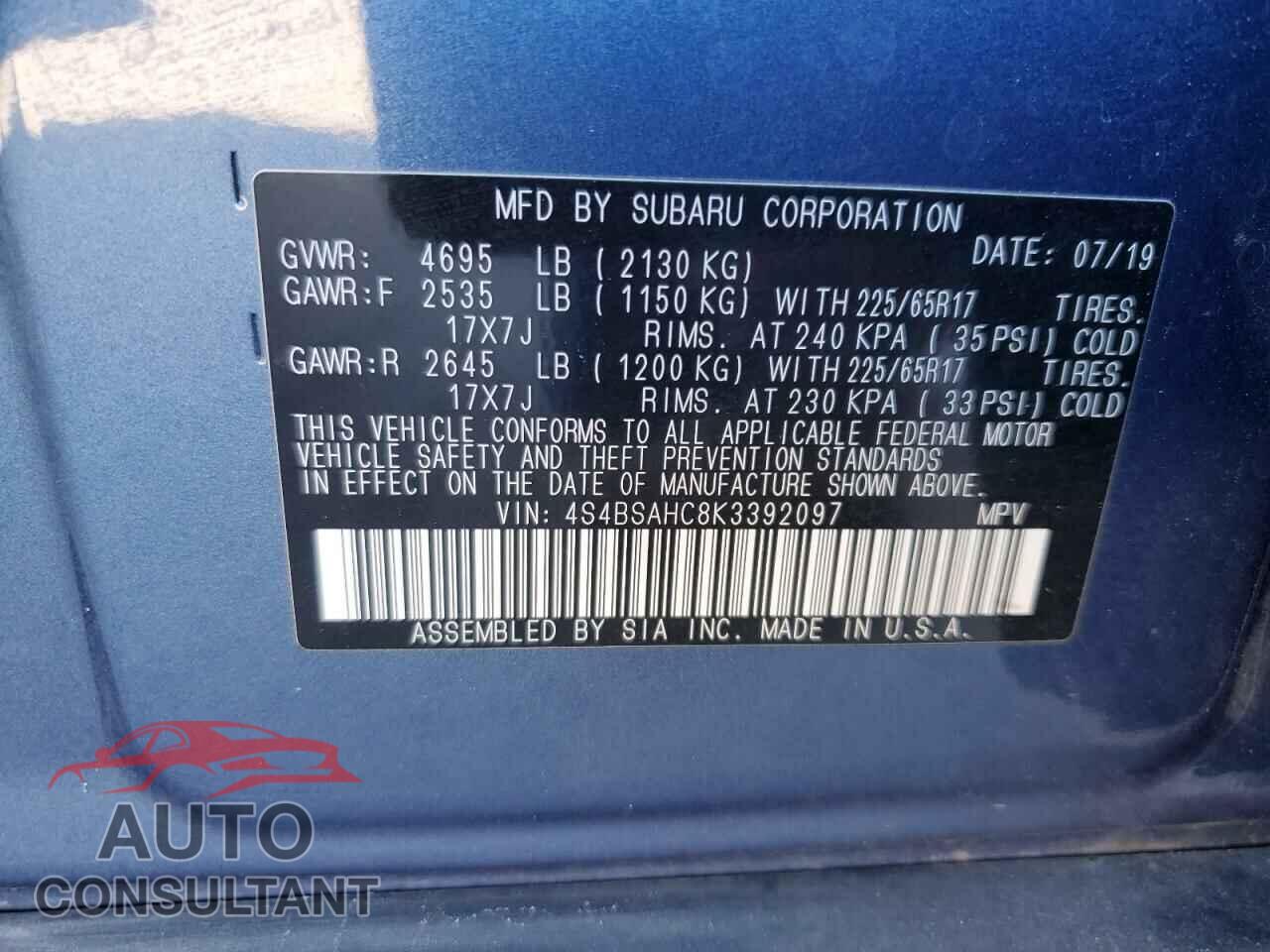 SUBARU OUTBACK 2019 - 4S4BSAHC8K3392097
