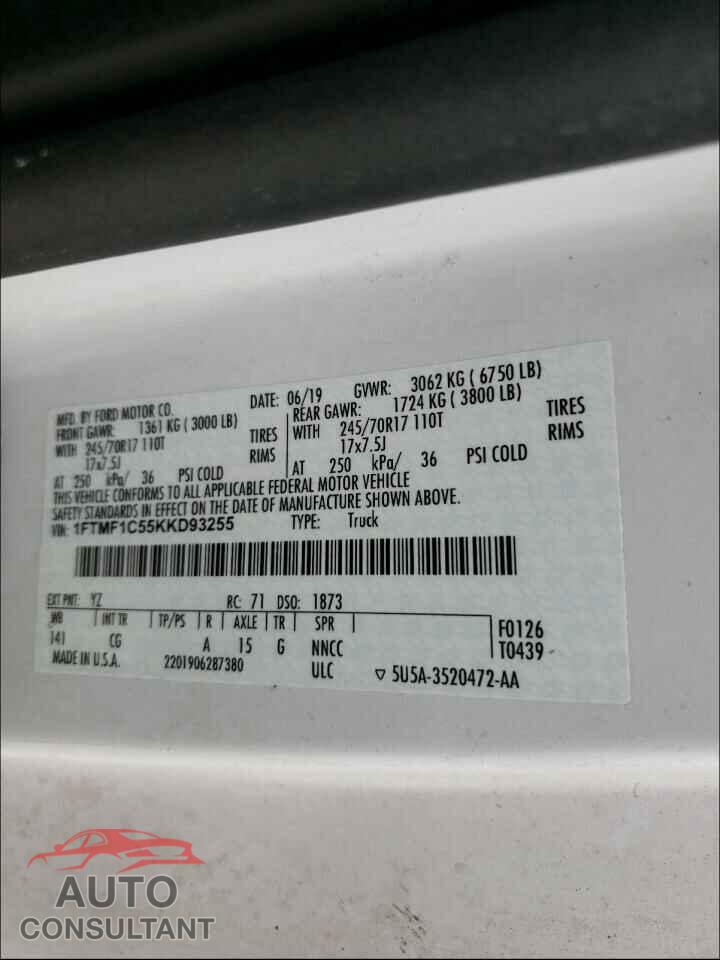 FORD F150 2019 - 1FTMF1C55KKD93255