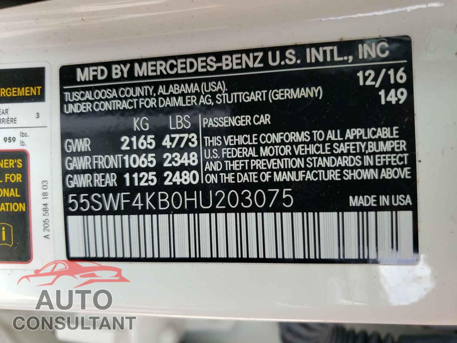 MERCEDES-BENZ C CLASS 2017 - 55SWF4KB0HU203075