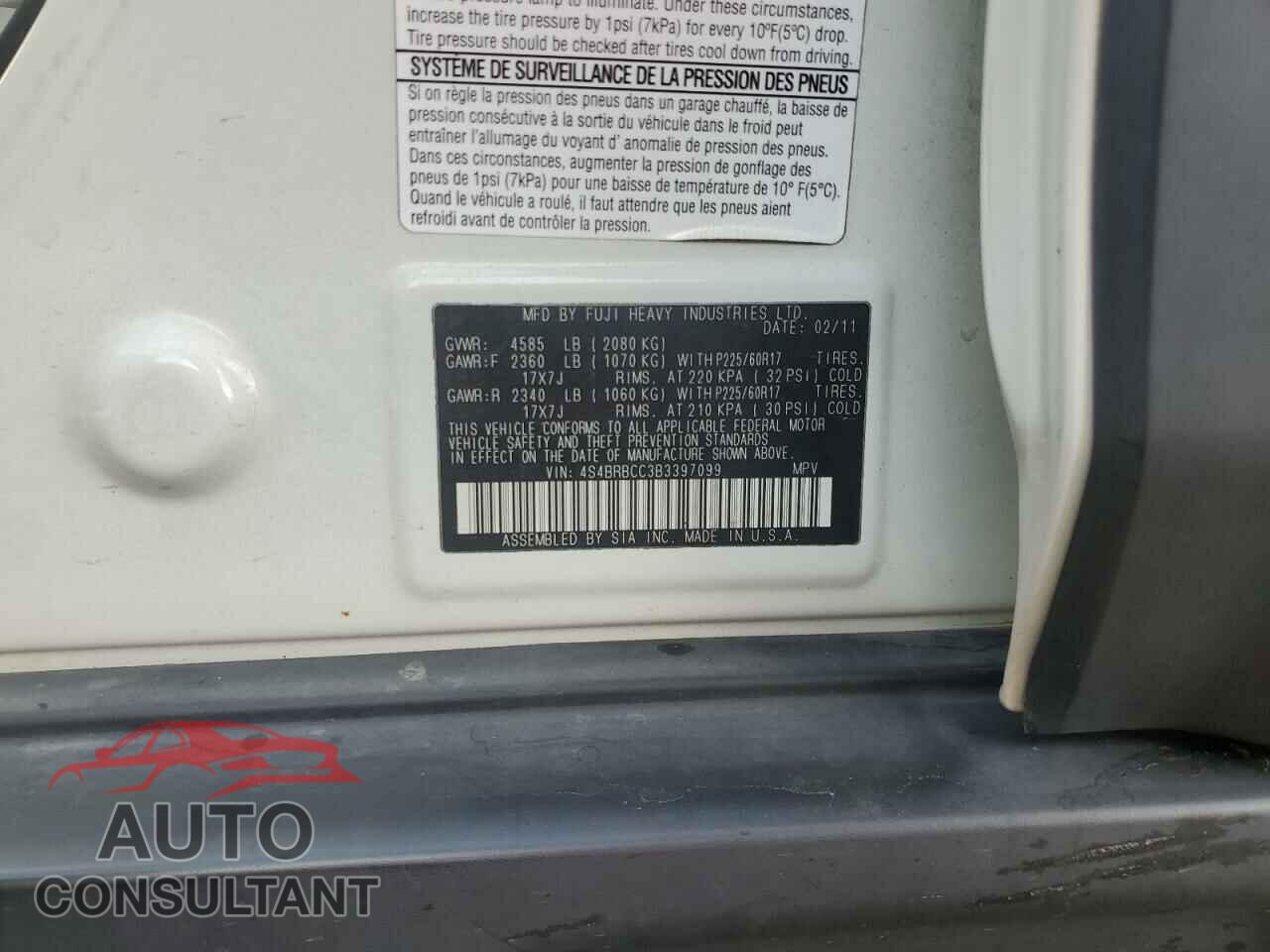 SUBARU OUTBACK 2011 - 4S4BRBCC3B3397099