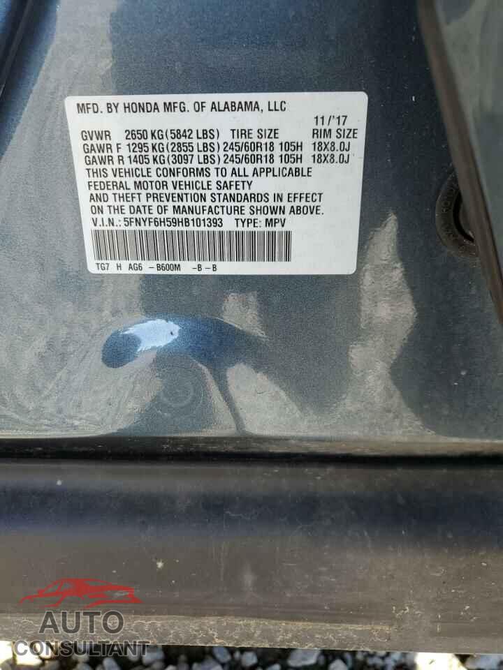 HONDA PILOT 2017 - 5FNYF6H59HB101393
