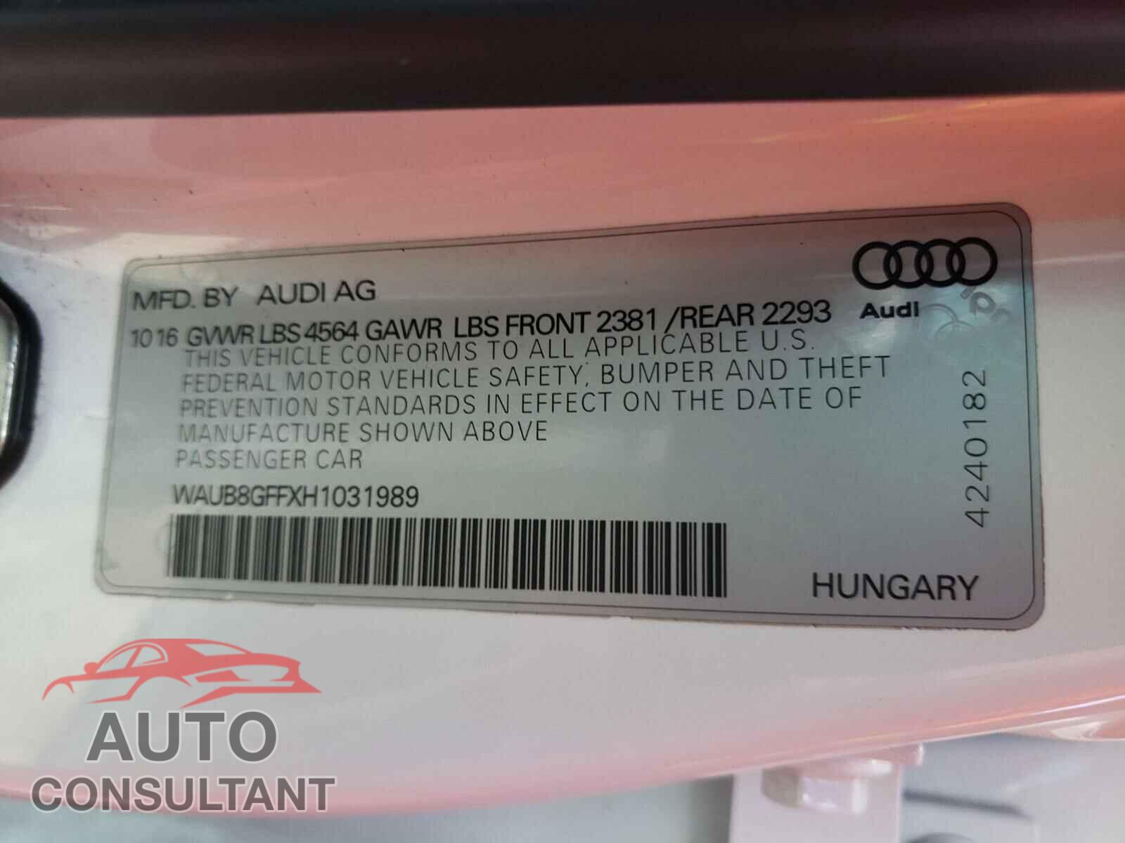 AUDI A3 2017 - WAUB8GFFXH1031989