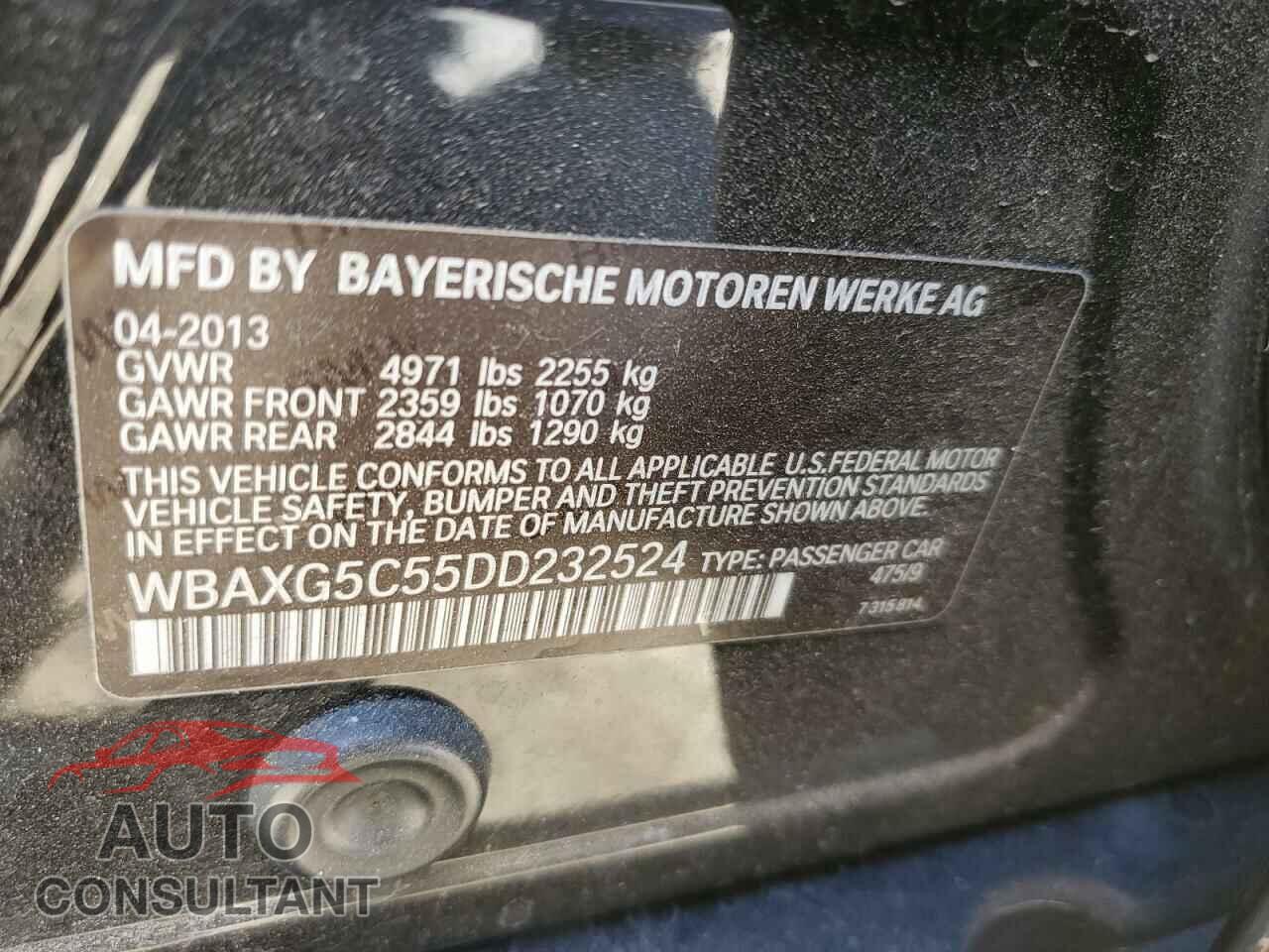 BMW 5 SERIES 2013 - WBAXG5C55DD232524