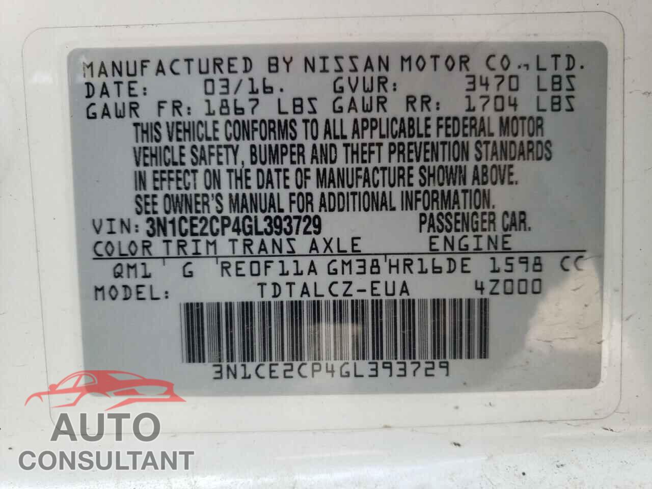 NISSAN VERSA 2016 - 3N1CE2CP4GL393729