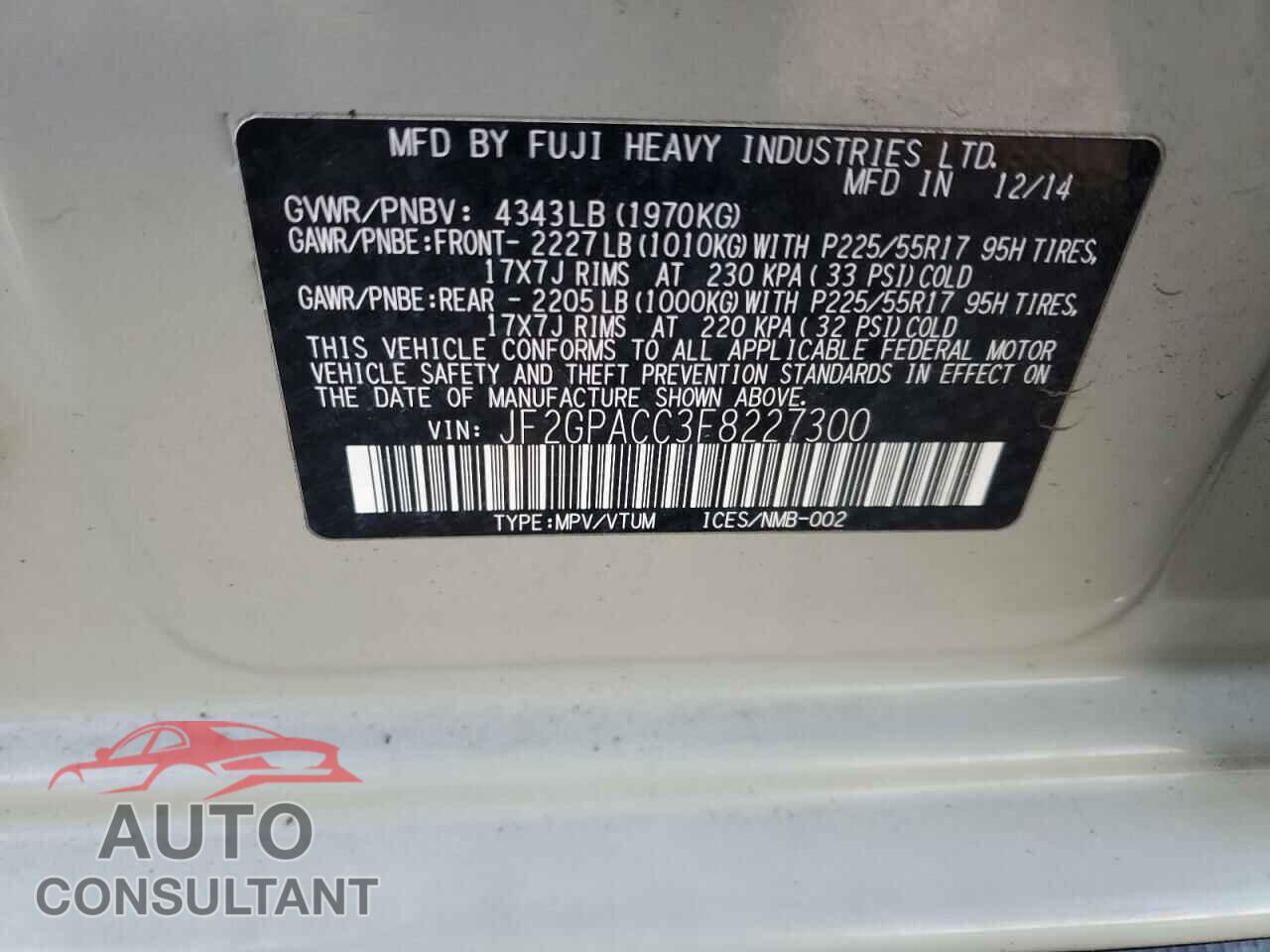 SUBARU XV 2015 - JF2GPACC3F8227300