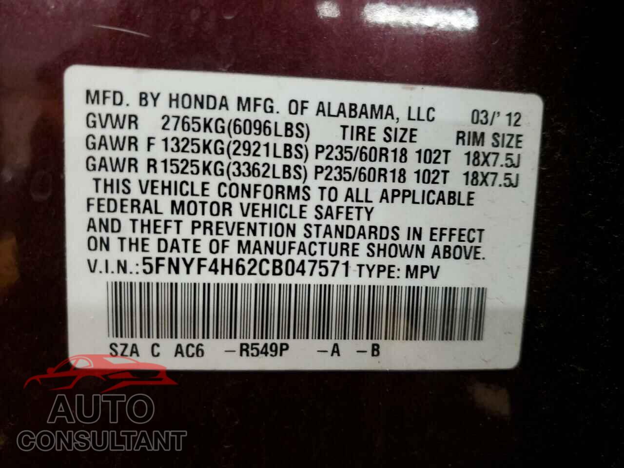 HONDA PILOT 2012 - 5FNYF4H62CB047571