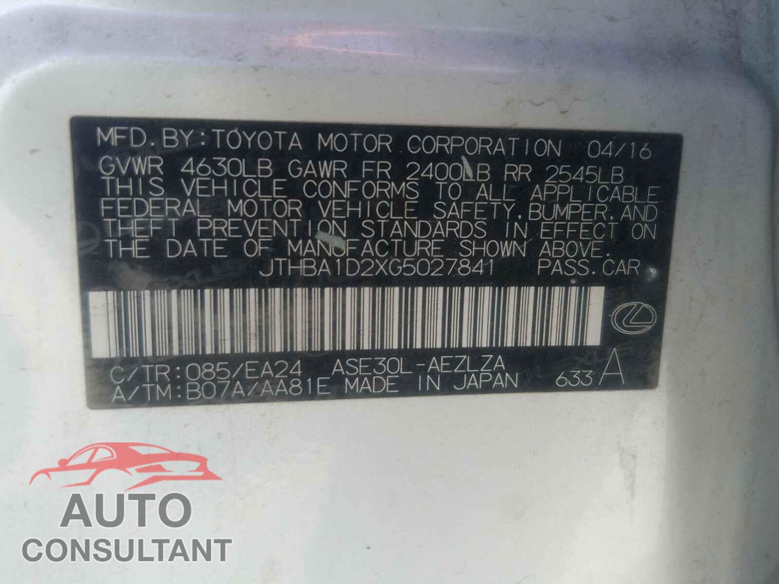 LEXUS IS 2016 - JTHBA1D2XG5027841