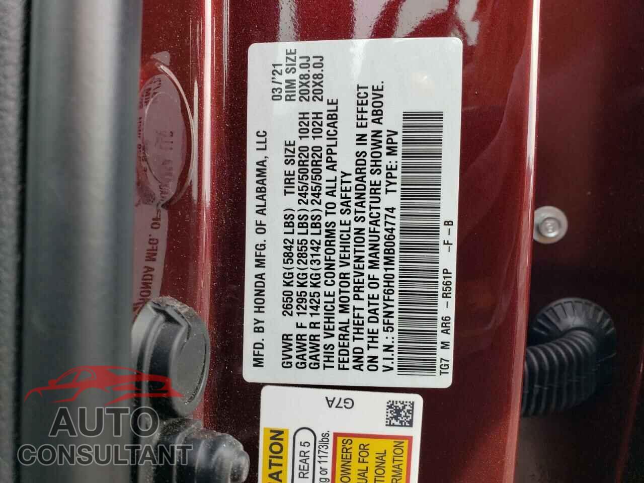 HONDA PILOT 2021 - 5FNYF6H01MB064774