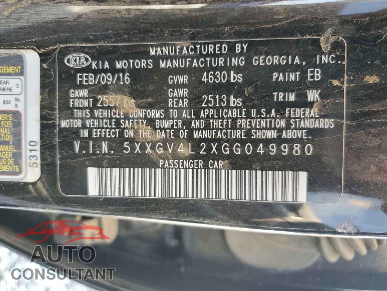 KIA OPTIMA 2016 - 5XXGV4L2XGG049980